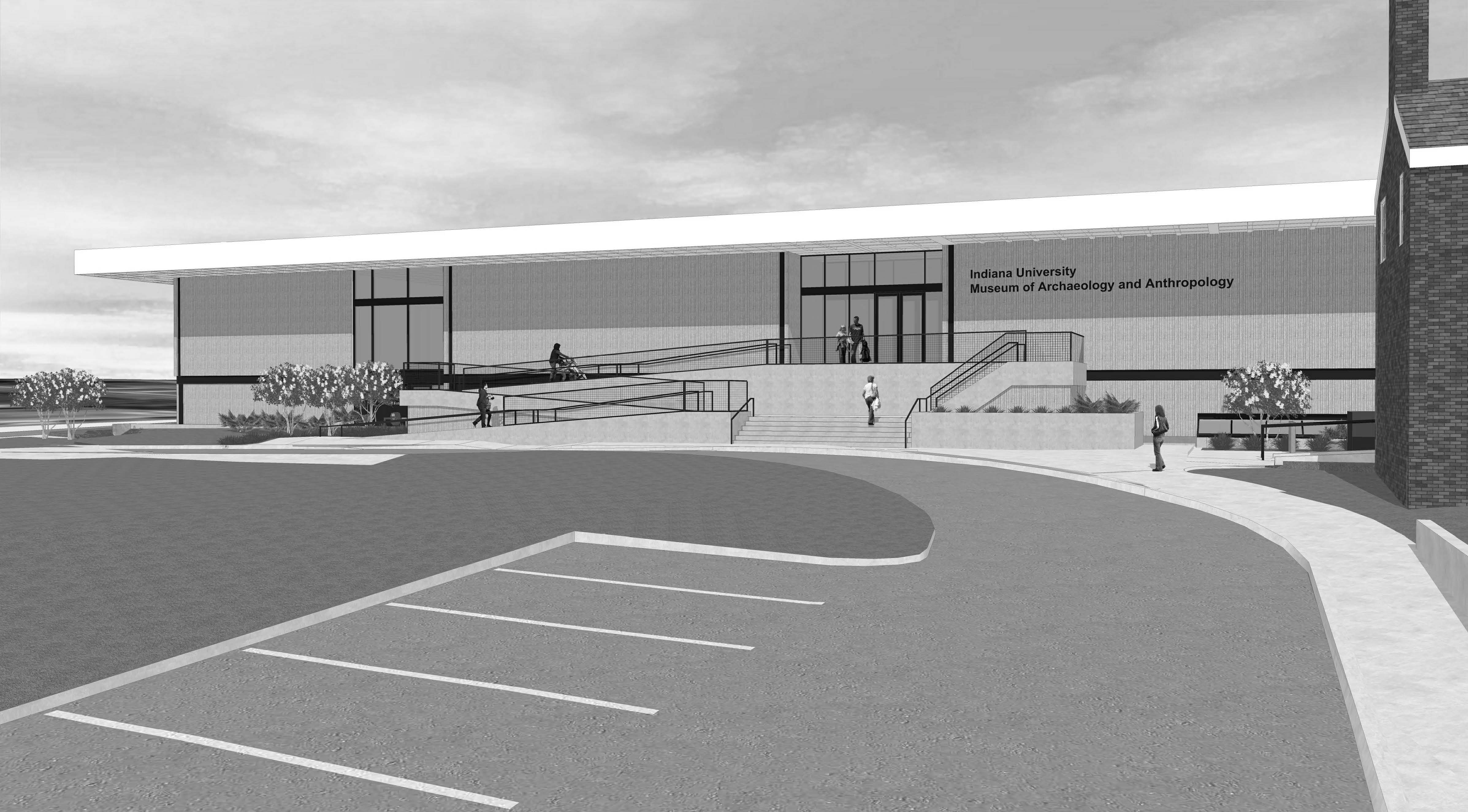 Image in black and white of driveway curving up to the front facade of the museum.